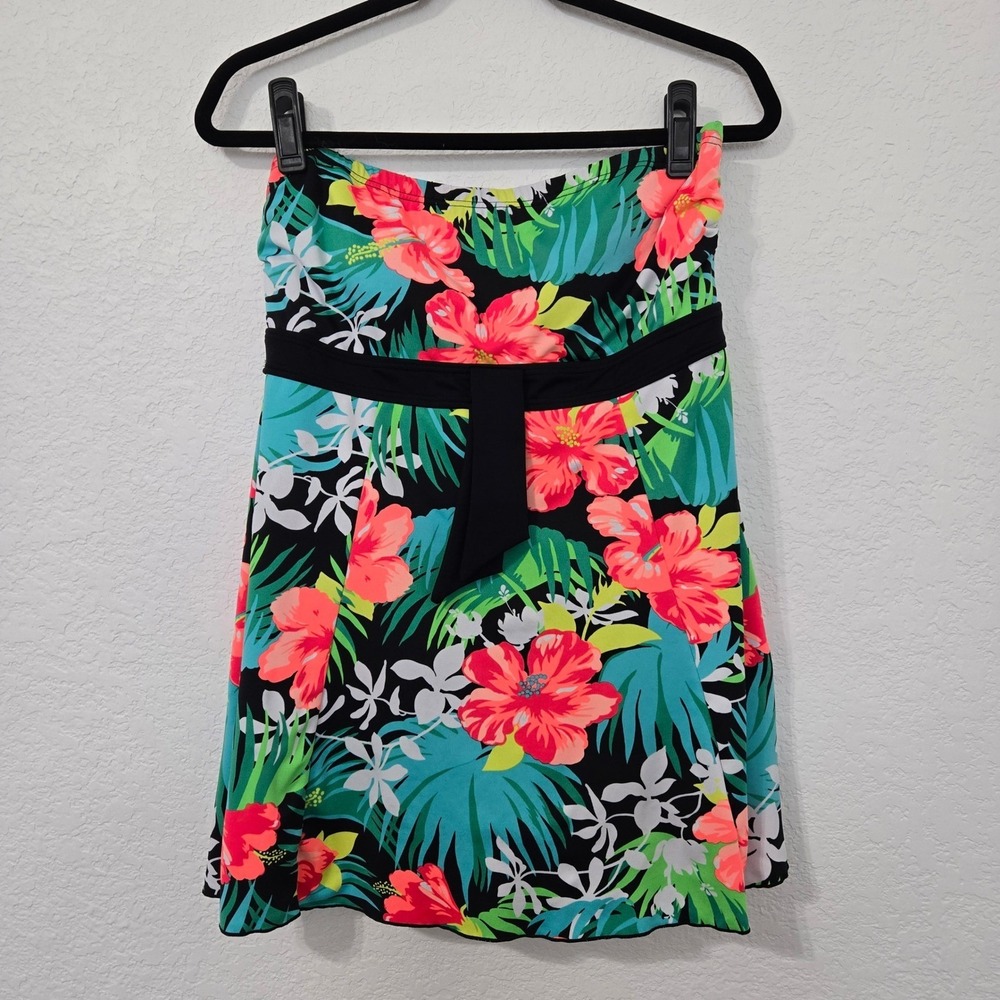 Calypso Cove Womens Tropical Floral Strapless Swim Dress Black Pink Size 12